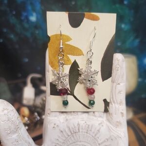 Handmade Genuine Moss Green Agate Snowflake Earrings With Sterling Silver Hooks
